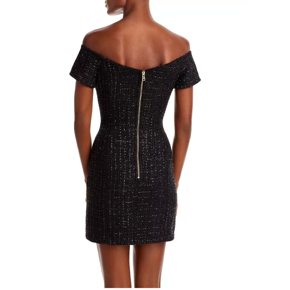 AQUA Black Tweed Mini Dress Off Shoulder Party Cocktail Rhinestone Buttons M - Picture 3 of 16
